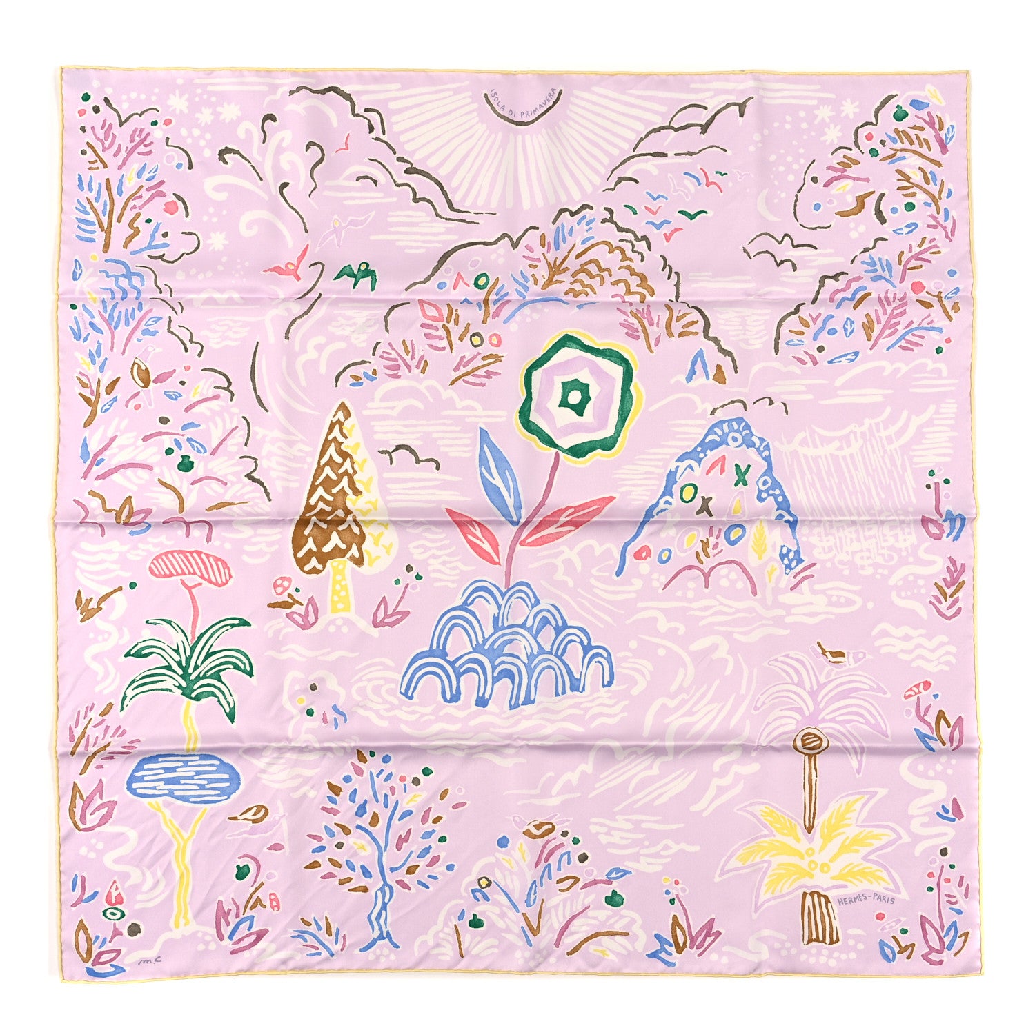 Hermes Silk Isola Di Primavera Scarf 90 Rose Pale Bleu Jaune 1 of 3