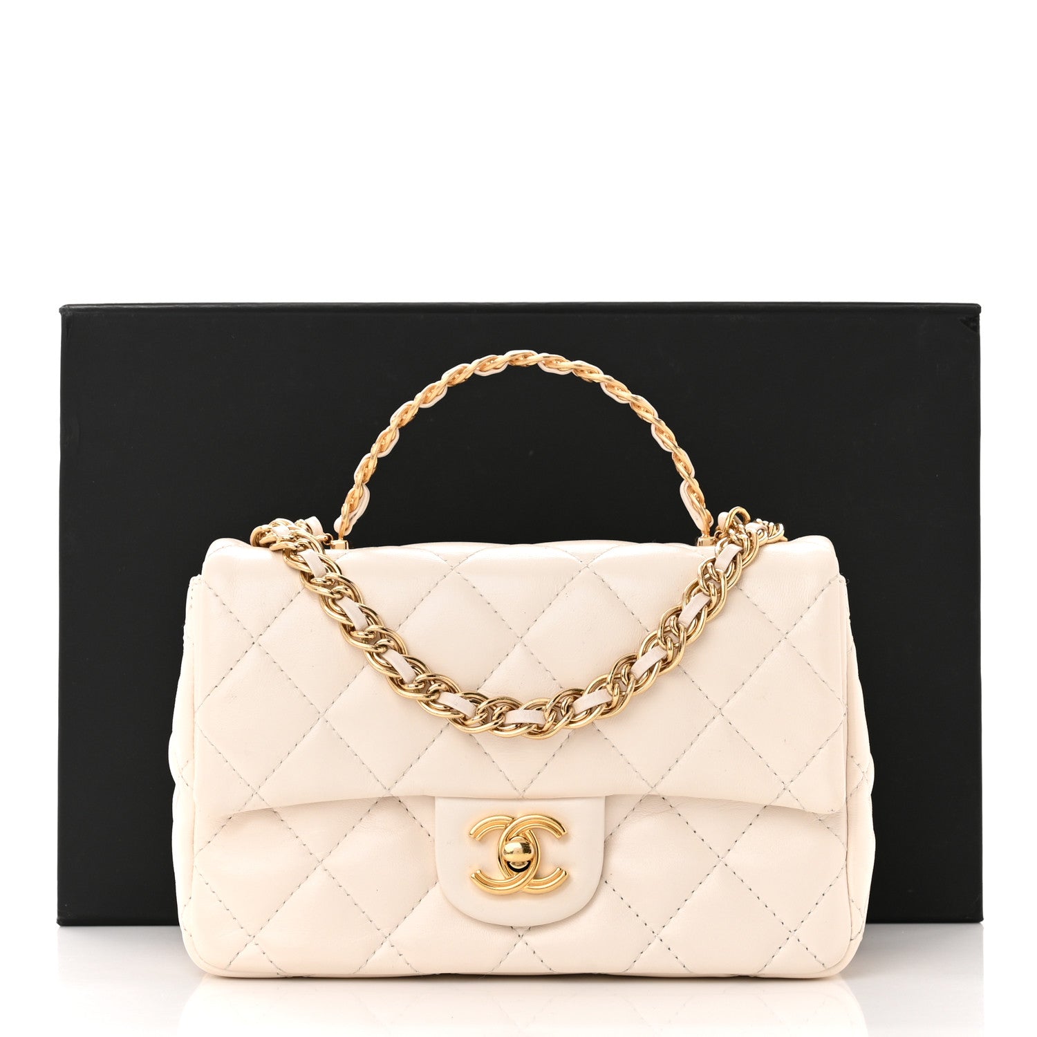 Chanel Shiny Lambskin Quilted Golden Links Top Handle Flap White 12 of 12