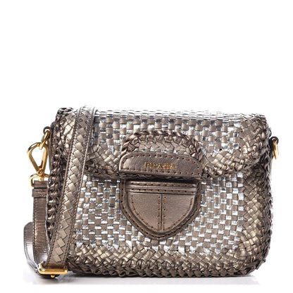 Prada Goatskin Woven Flap Crossbody Bag Argento 1 of 8