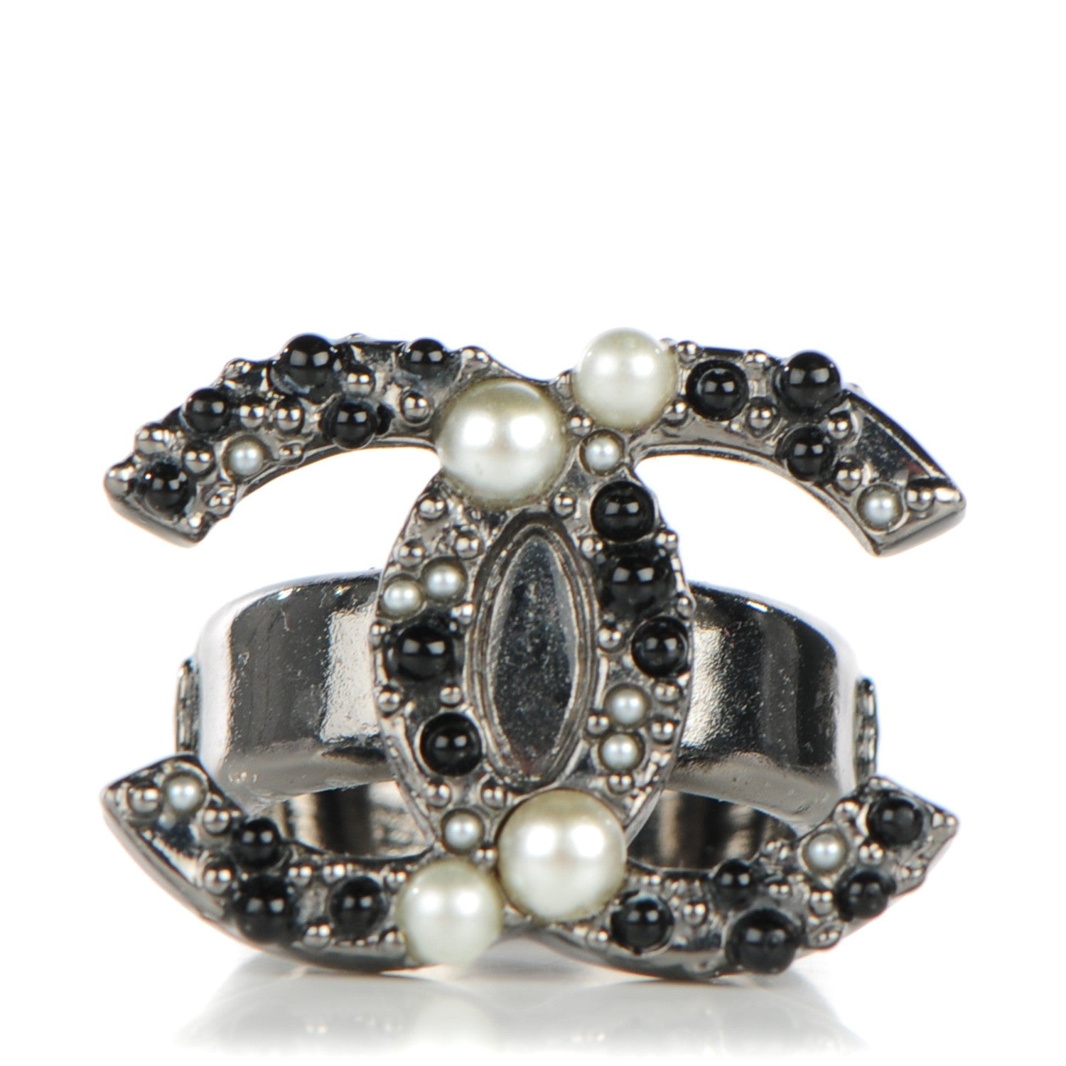 Chanel Ruthenium Pearl Beaded CC Ring 6 Black 1 of 4