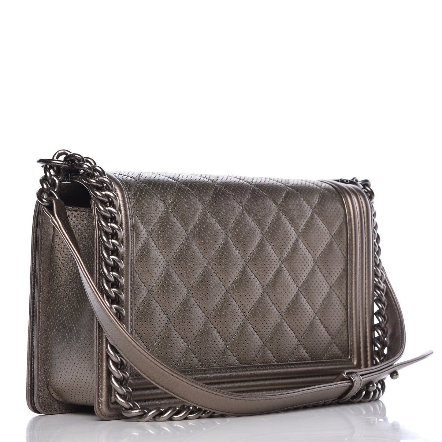 Metallic Lambskin Perforated New Medium Boy Flap Dark Silver