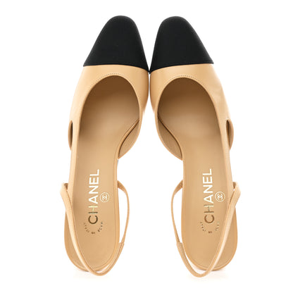 Chanel Goatskin Grosgrain Cap Toe CC Slingback Pumps 40 Beige Black 2 of 10