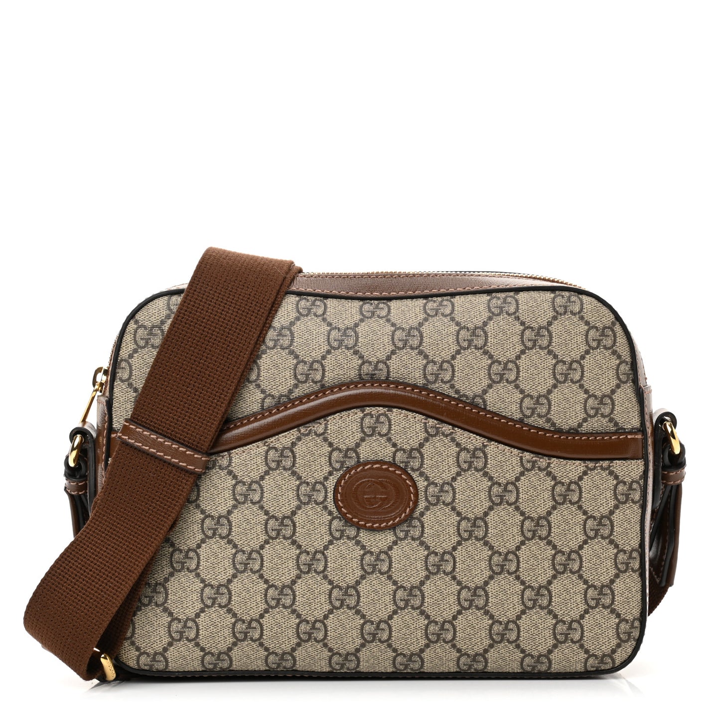 GG Supreme Monogram Azalea Calfskin Retro Interlocking G Messenger Shoulder Bag Beige Ebony Brown Sugar