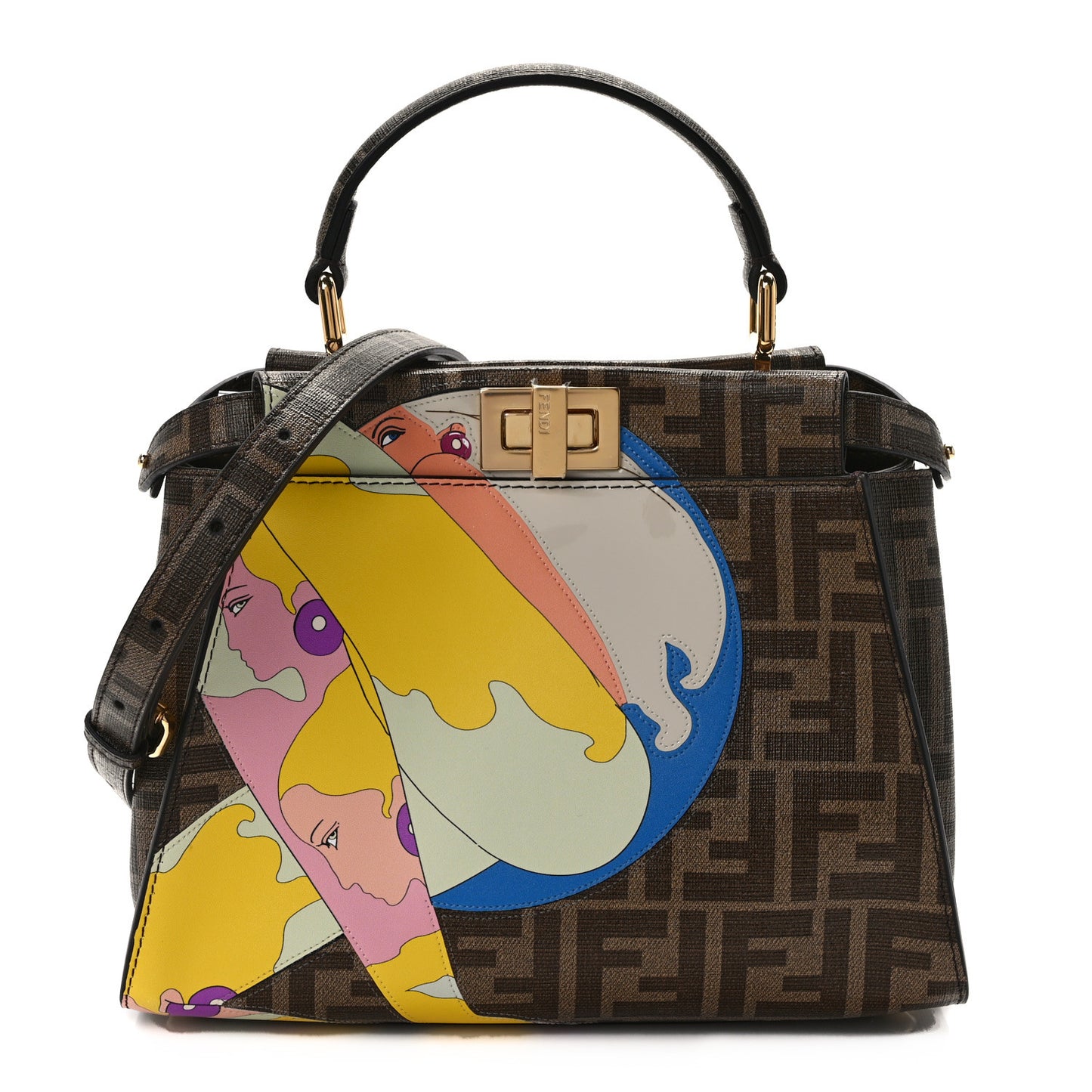 Glazed Fabric Vitello FF 1974 Hairdo Girls Inlay Mini Peekaboo Iconic Satchel Mogano Panna Multicolor