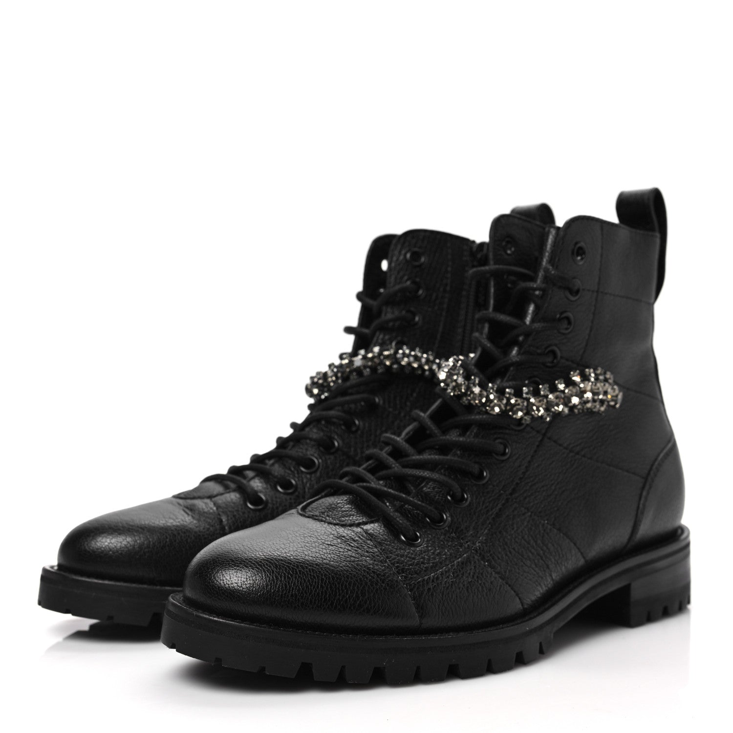 Jimmy Choo Grained Calfskin Crystal Embellished Cruz Combat Boots 38 Black 3 of 6