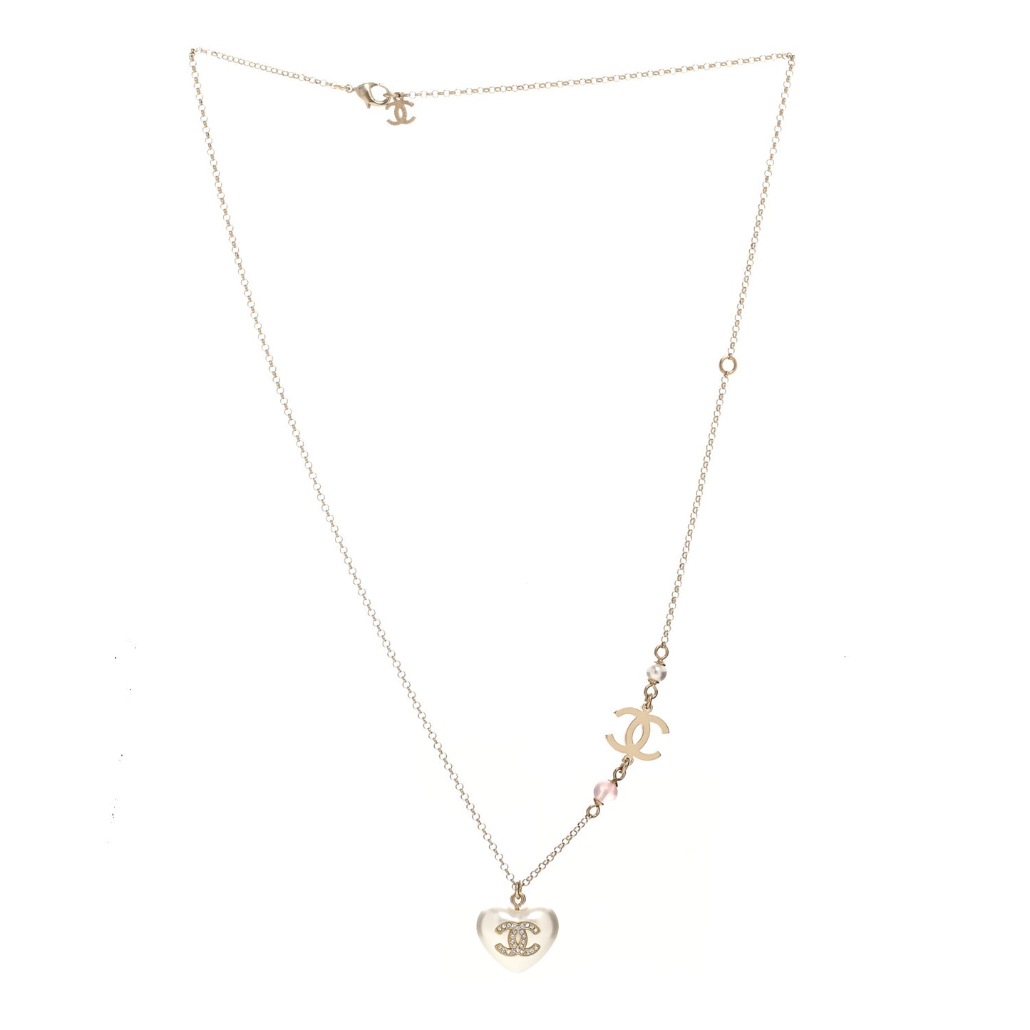 Resin Crystal CC Heart Necklace Pearly White Gold