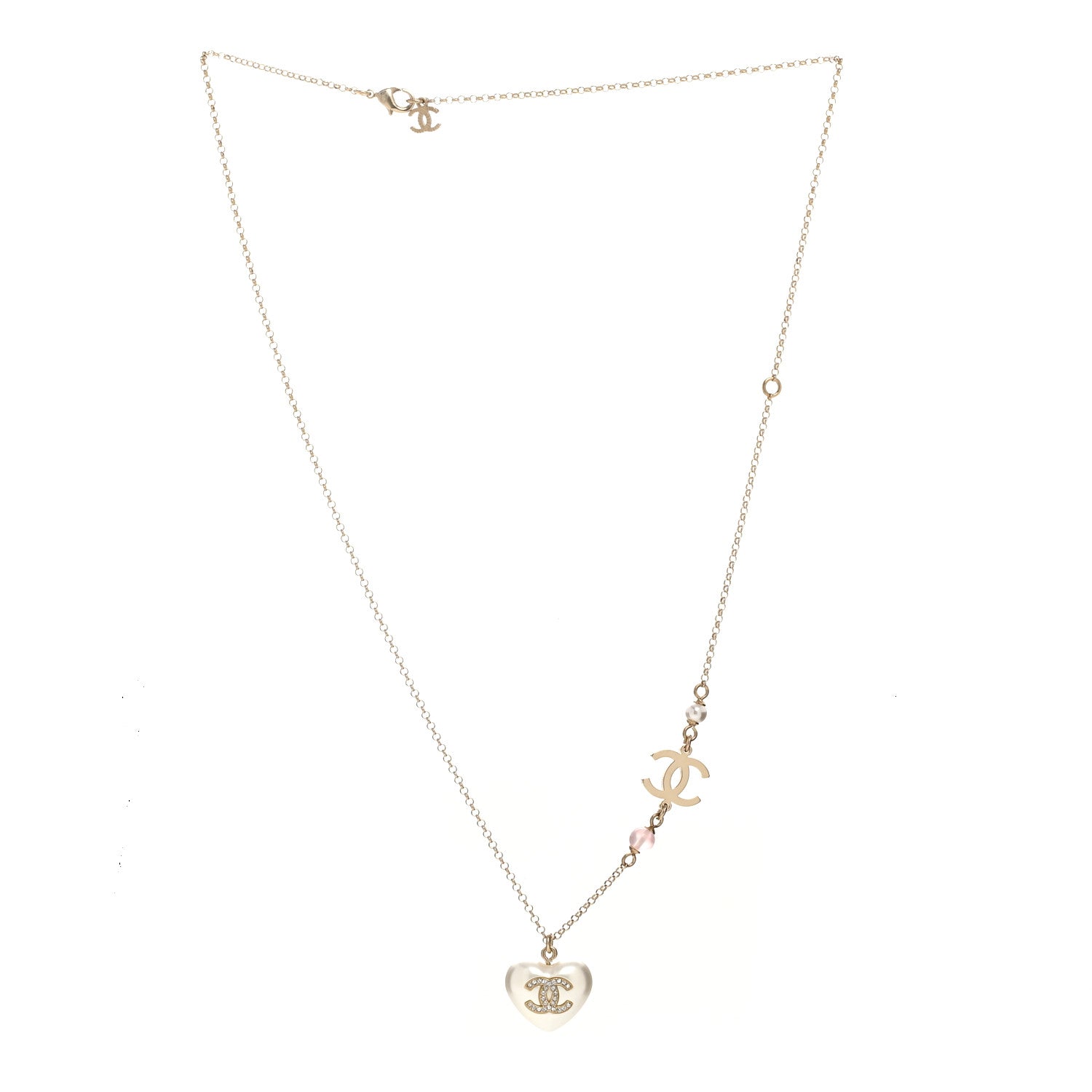 Chanel Resin Crystal CC Heart Necklace Pearly White Gold 3 of 6