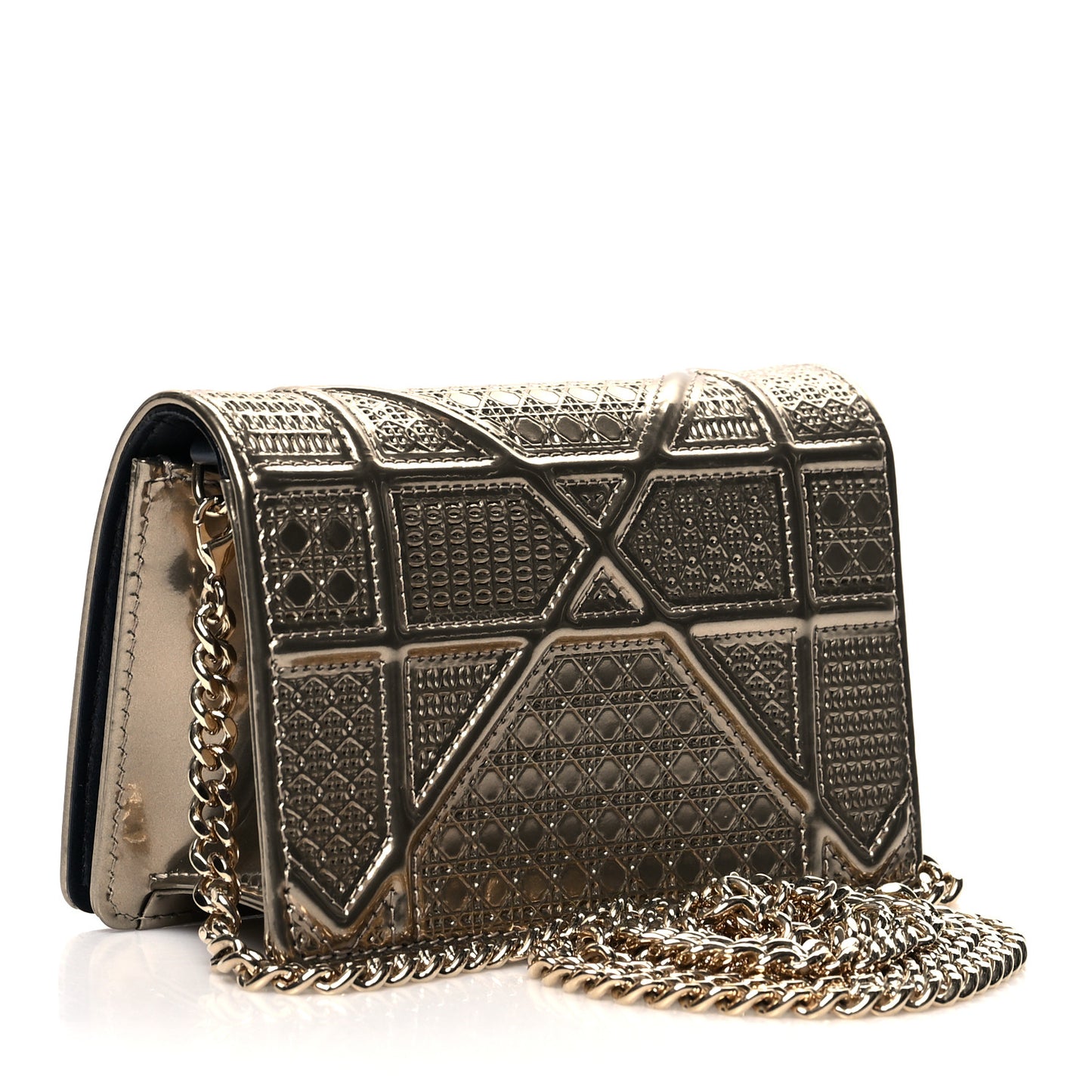 Metallic Patent Micro-Cannage Baby Diorama Flap Bag Gold
