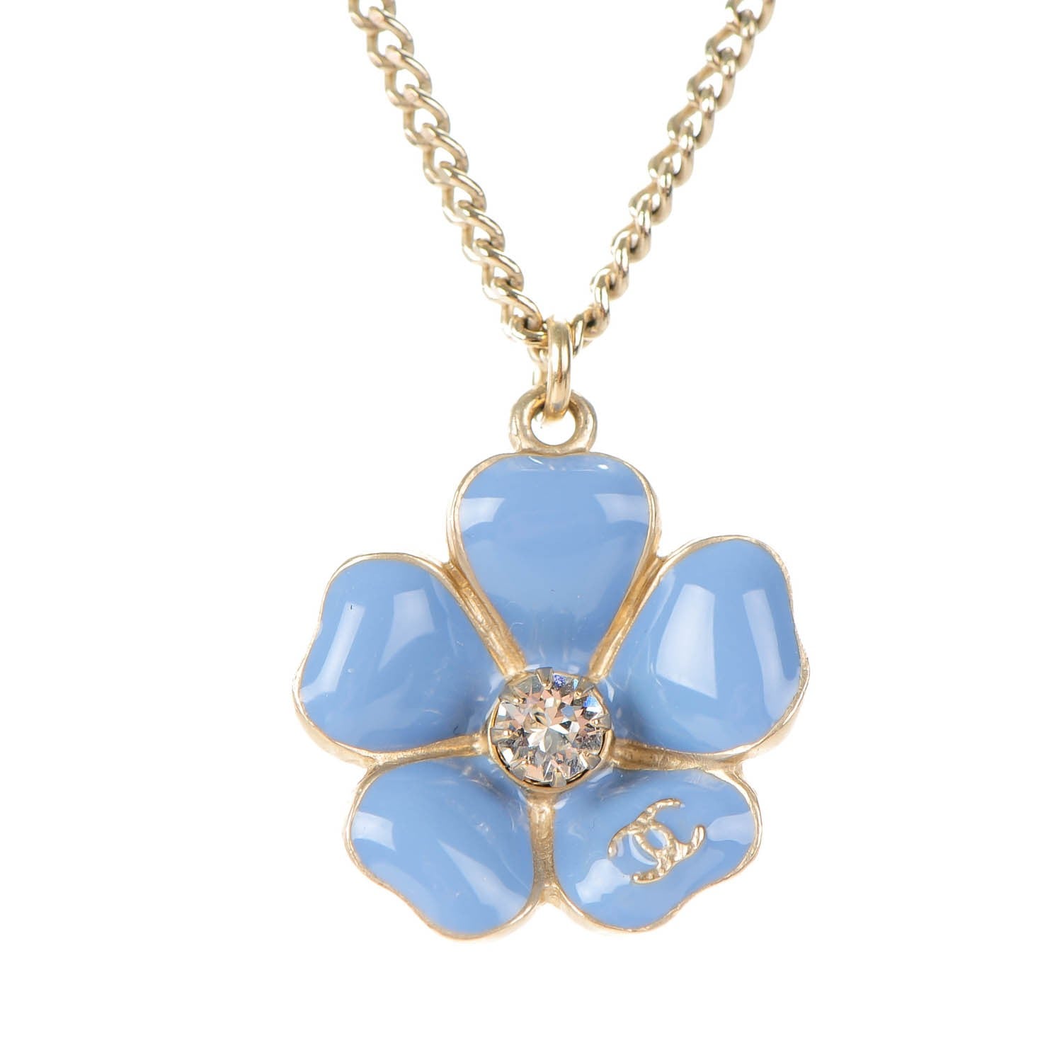 Chanel Crystal Enamel Camellia CC Necklace Gold Blue 3 of 5