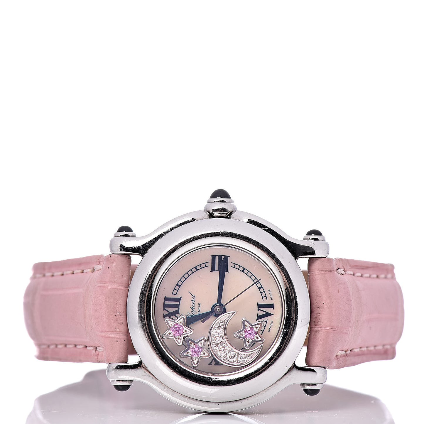 Stainless Steel Alligator Diamond Pink Sapphire Mother of Pearl 26mm Happy Sport Moon Star Quartz Watch