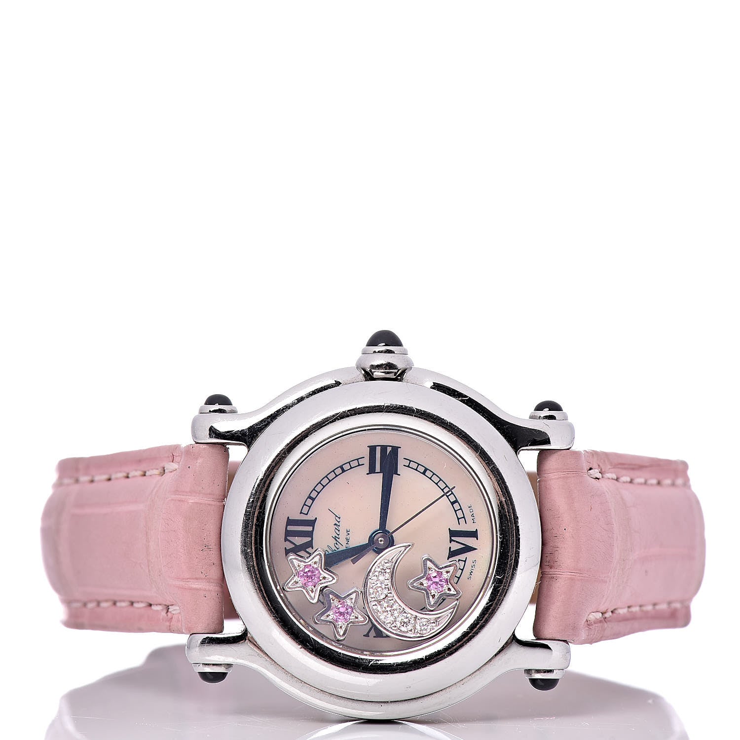 Chopard Stainless Steel Alligator Diamond Pink Sapphire Mother of Pearl 26mm Happy Sport Moon Star Quartz Watch 3 of 9