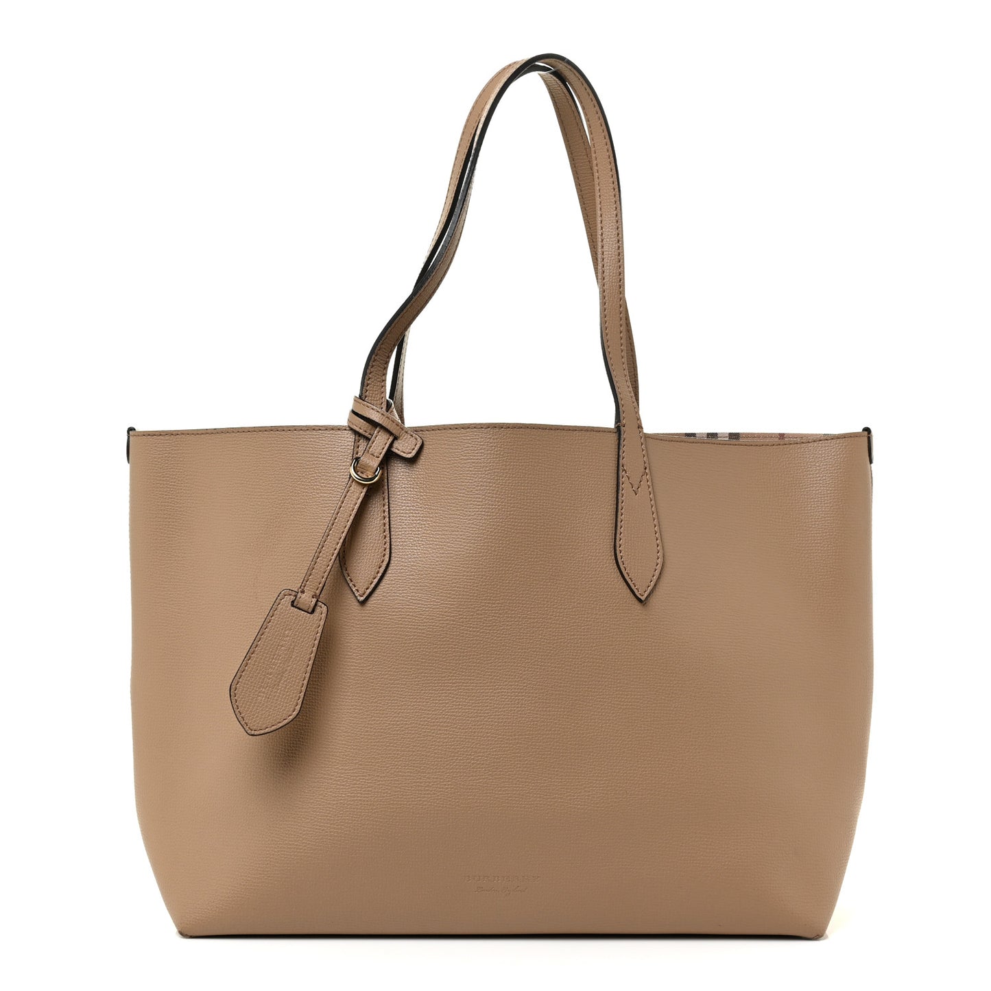 Grainy Calfskin Haymarket Check Medium Reversible Tote Camel