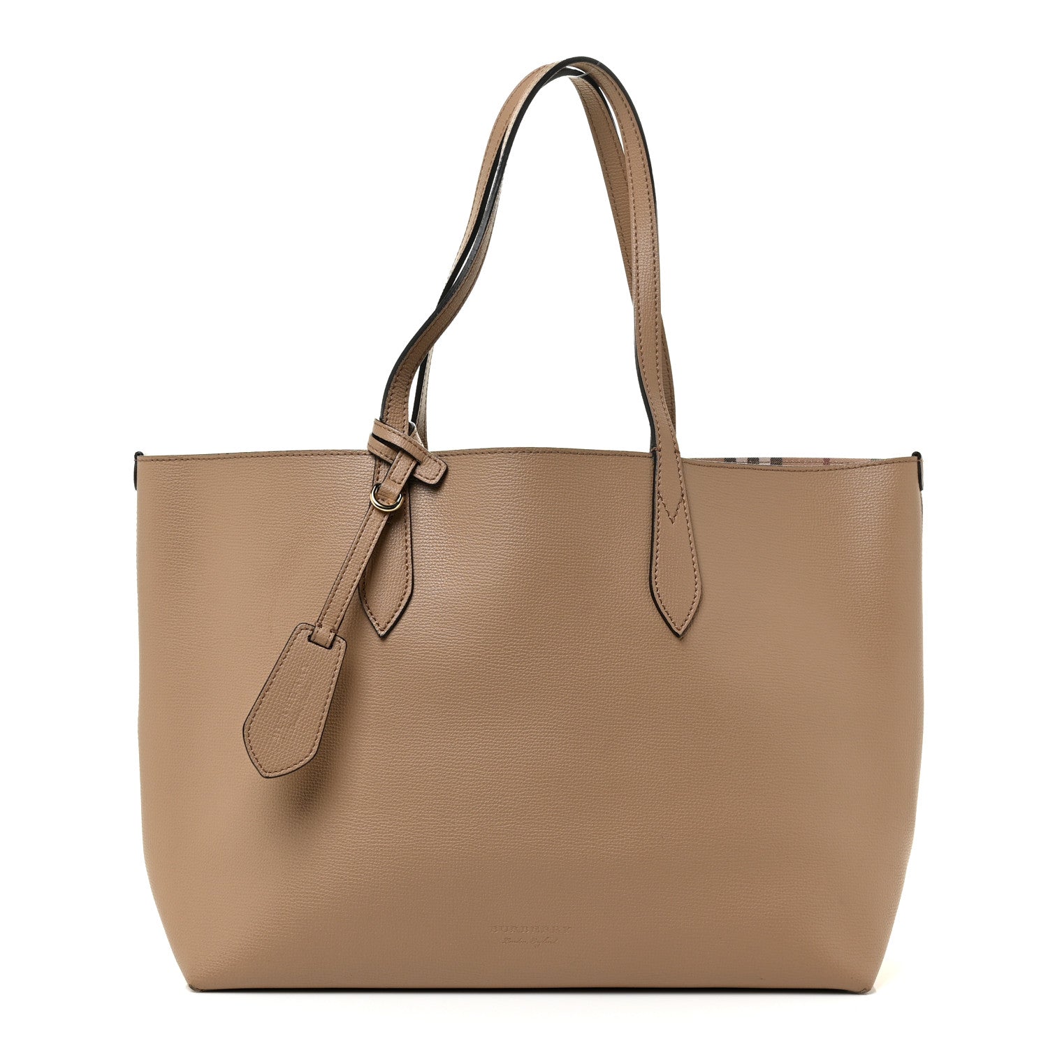 Burberry Grainy Calfskin Haymarket Check Medium Reversible Tote Camel 1 of 24