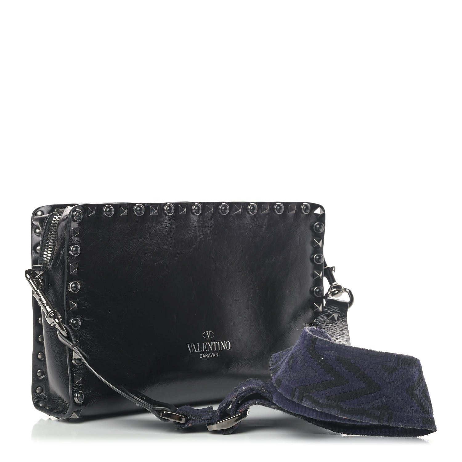 Valentino Garavani Craquele Calfskin Small Guitar Strap Rockstud Rolling Flap Pocket Shoulder Bag Black 2 of 6
