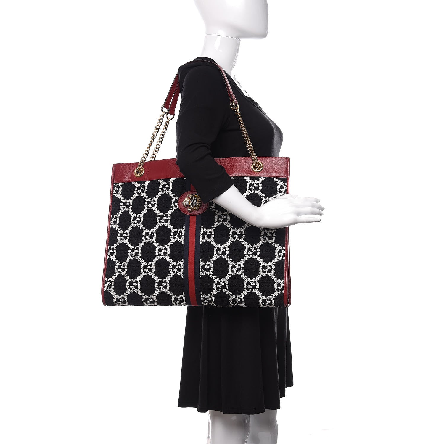 Gucci Tweed GG Monogram Large Rajah Chain Tote Romantic Cherry Black White 2 of 11