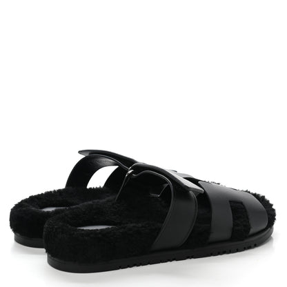 Hermes Calfskin Woolskin Womens Chypre Sandals 39.5 Black 4 of 10