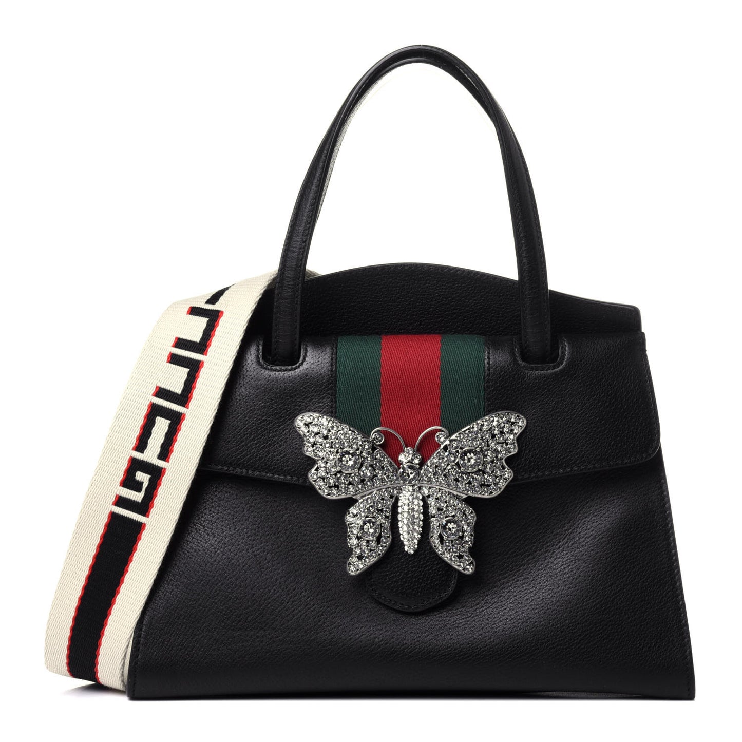 Grained Calfskin Web Crystal Butterfly Stripe Medium Totem Top Handle Bag Black