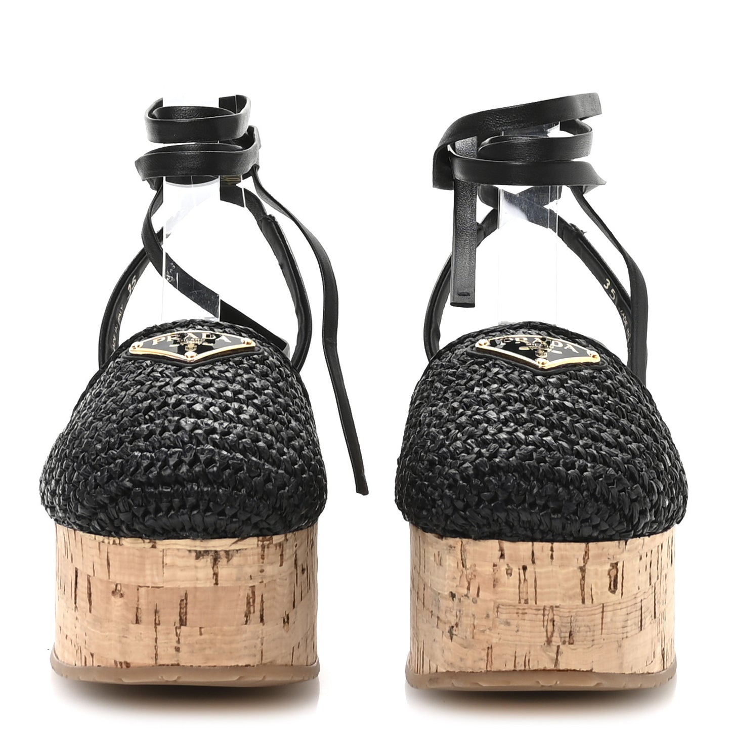 Raffia Cork Triangle Crochet Ankle Strap Platform 75mm Sandals 35 Black