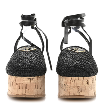 Prada Raffia Cork Triangle Crochet Ankle Strap Platform 75mm Sandals 35 Black 3 of 9
