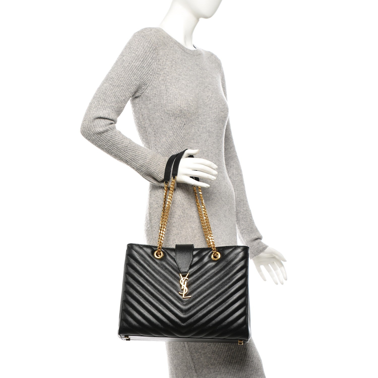 Saint Laurent Grain De Poudre Matelasse Chevron Monogram Shopping Bag Black 2 of 7