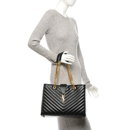 Saint Laurent Grain De Poudre Matelasse Chevron Monogram Shopping Bag Black 2 of 7
