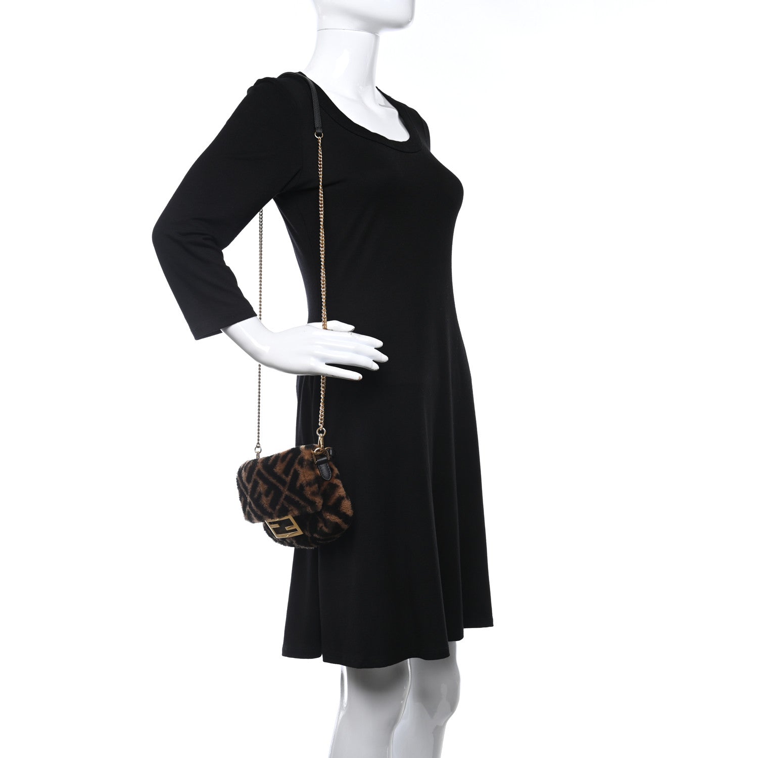 Fendi Shearling Vitello Dolce Macro FF 1974 Mini Baguette Tobacco Black 2 of 9