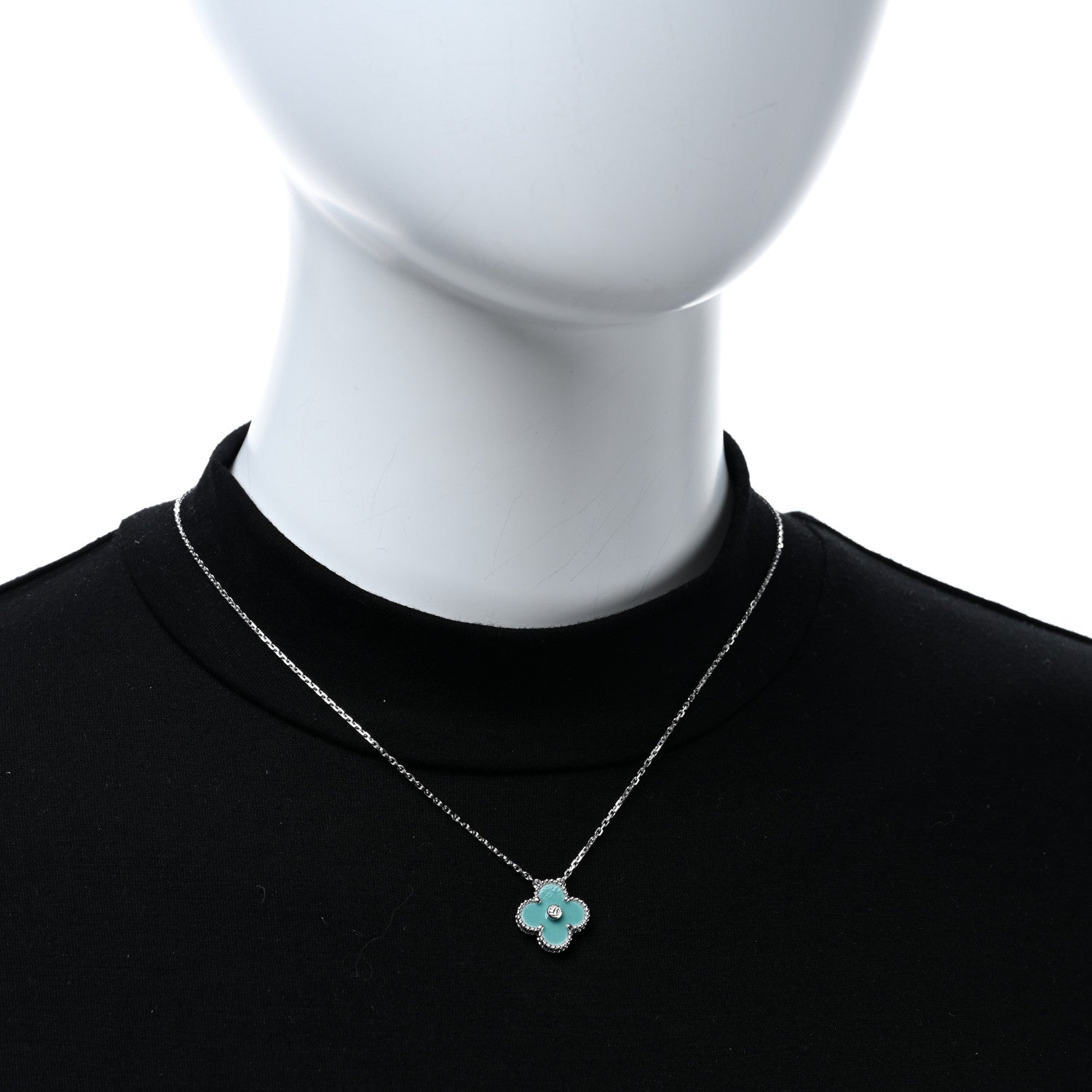Van Cleef & Arpels 18K White Gold Diamond Celadon Green Sevres Porcelain Vintage Alhambra Pendant Necklace 3 of 5