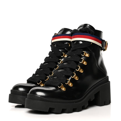 Gucci Calfskin Sylvie Web Lace Up Combat Boots 37.5 Black 3 of 8