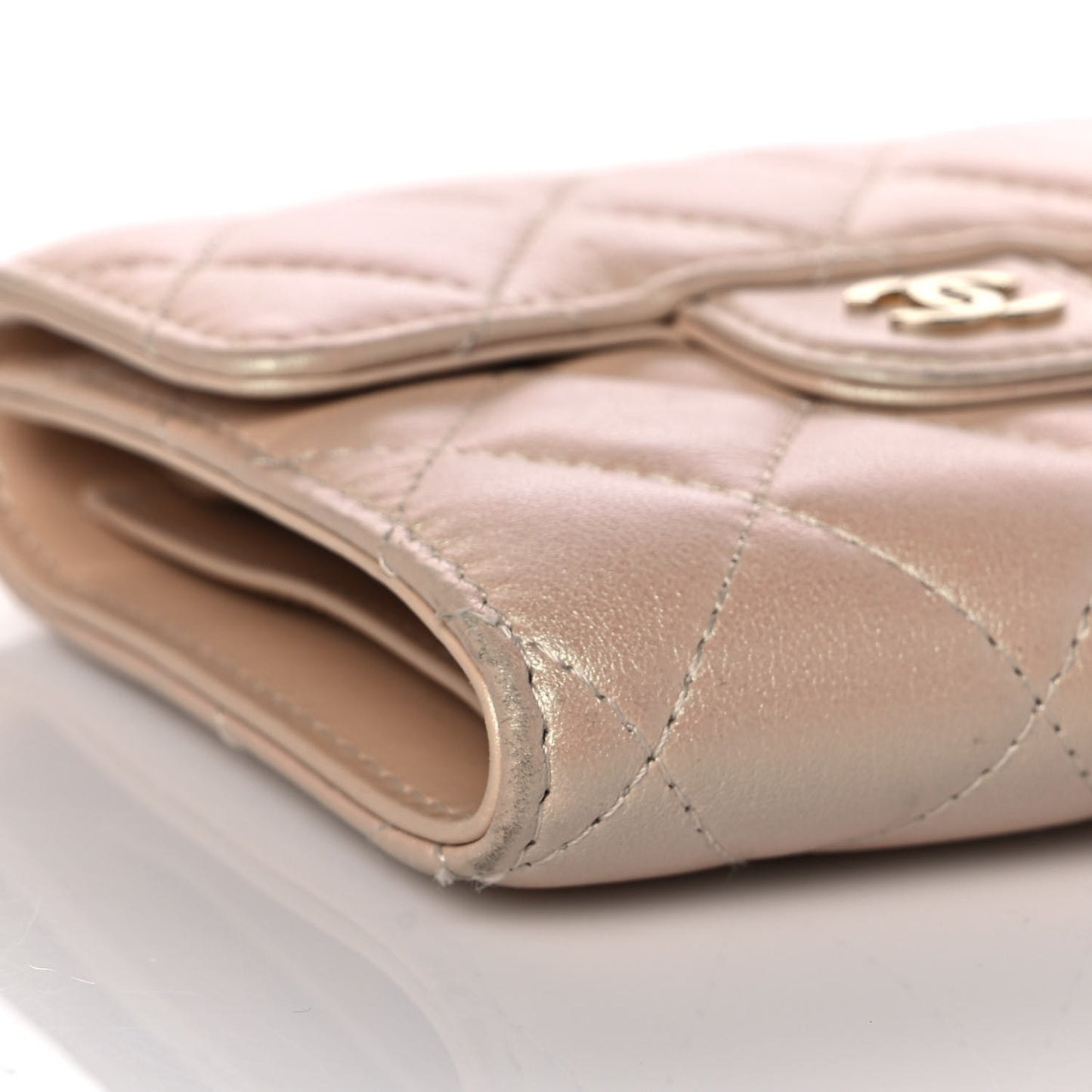 Iridescent Calfskin Quilted Compact Flap Wallet Beige