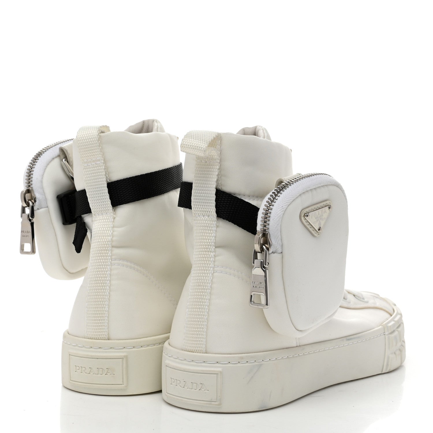 Prada Re-Nylon Gabardine Metal Triangle Logo Wheel Pouch Pocket High Top Sneakers 38.5 White 5 of 9