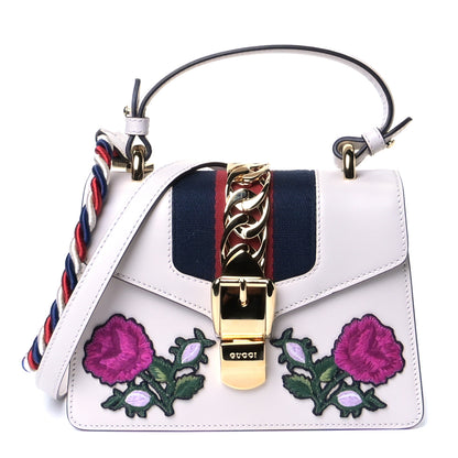 Gucci Calfskin Embroidered Mini Sylvie Top Handle Bag White 1 of 5