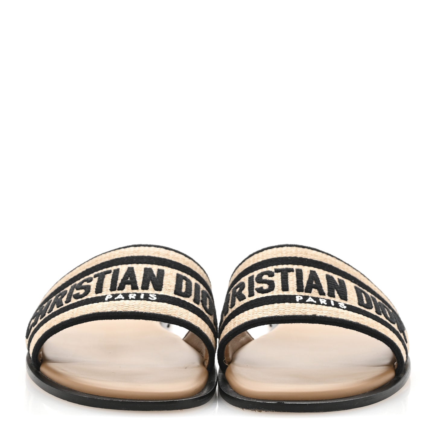 Straw Embroidered Dway Flat Slide Sandals 41 Natural Black