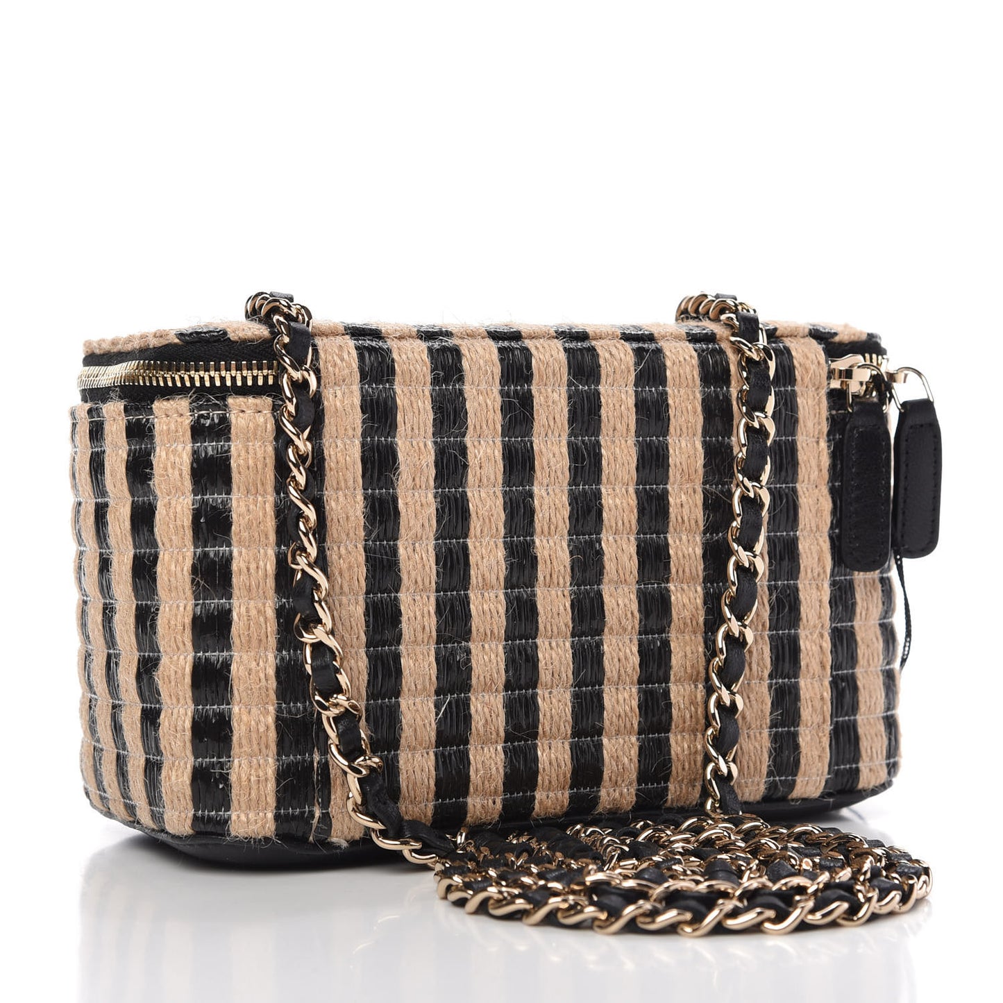 Raffia Jute Striped Small Vanity Case With Chain Black Beige