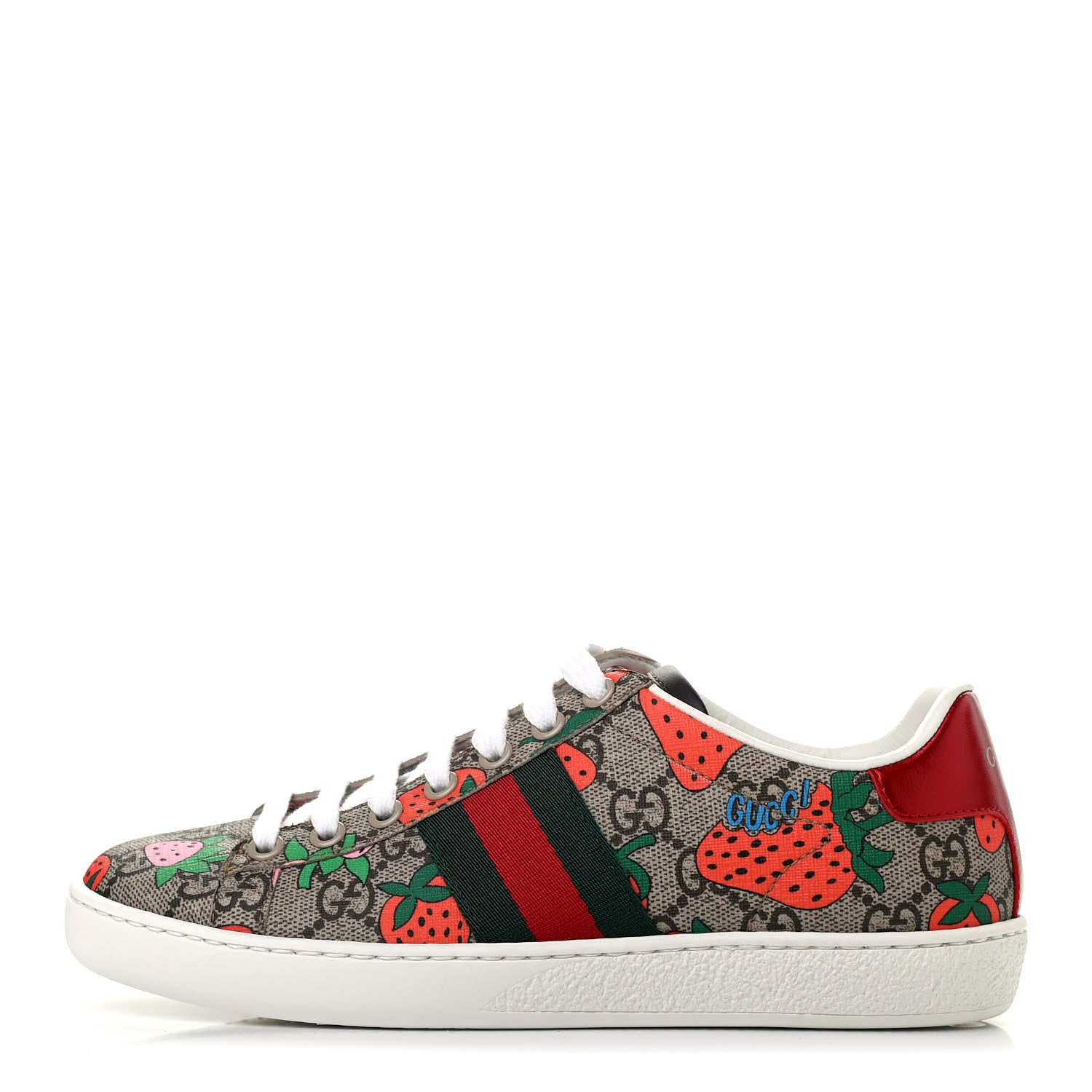 Gucci GG Supreme Monogram Strawberry Web Womens Ace Sneakers 35 Beige Multicolor Red Green 1 of 8