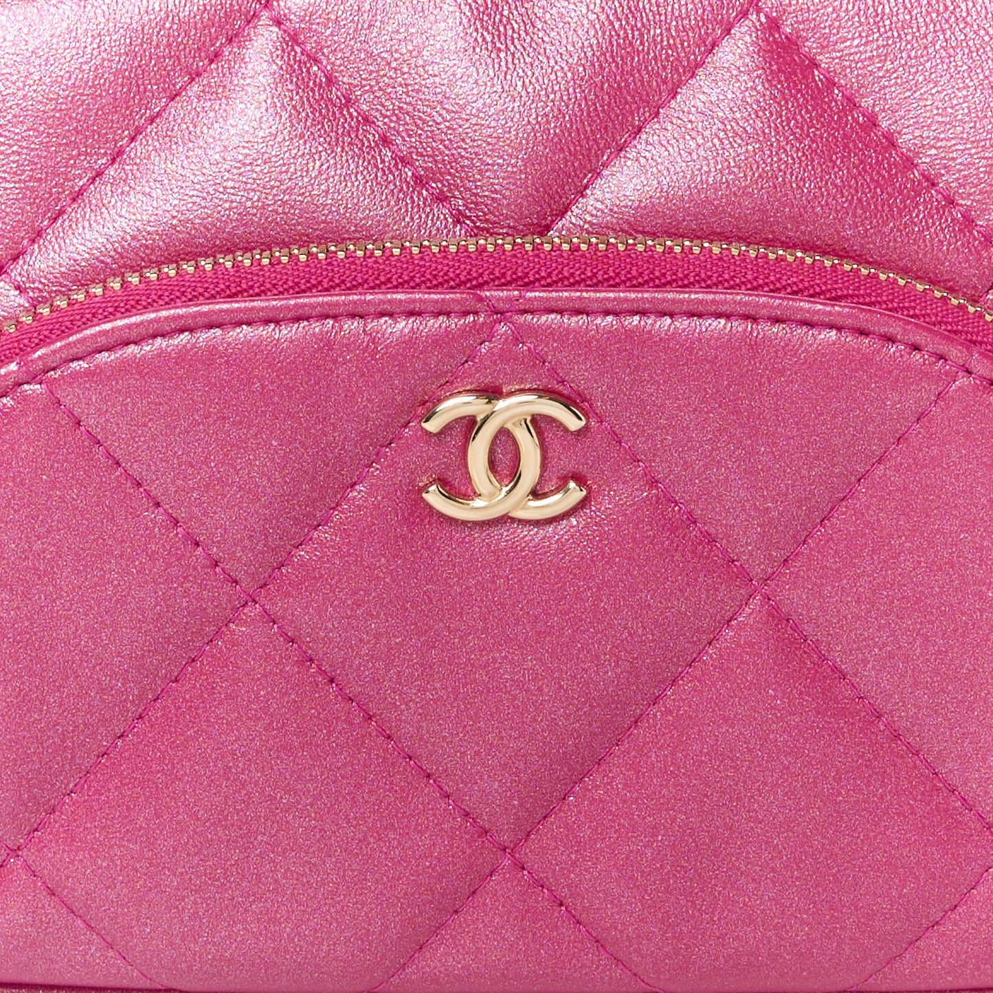 Iridescent Lambskin Quilted Double Zip Pouch Fuchsia
