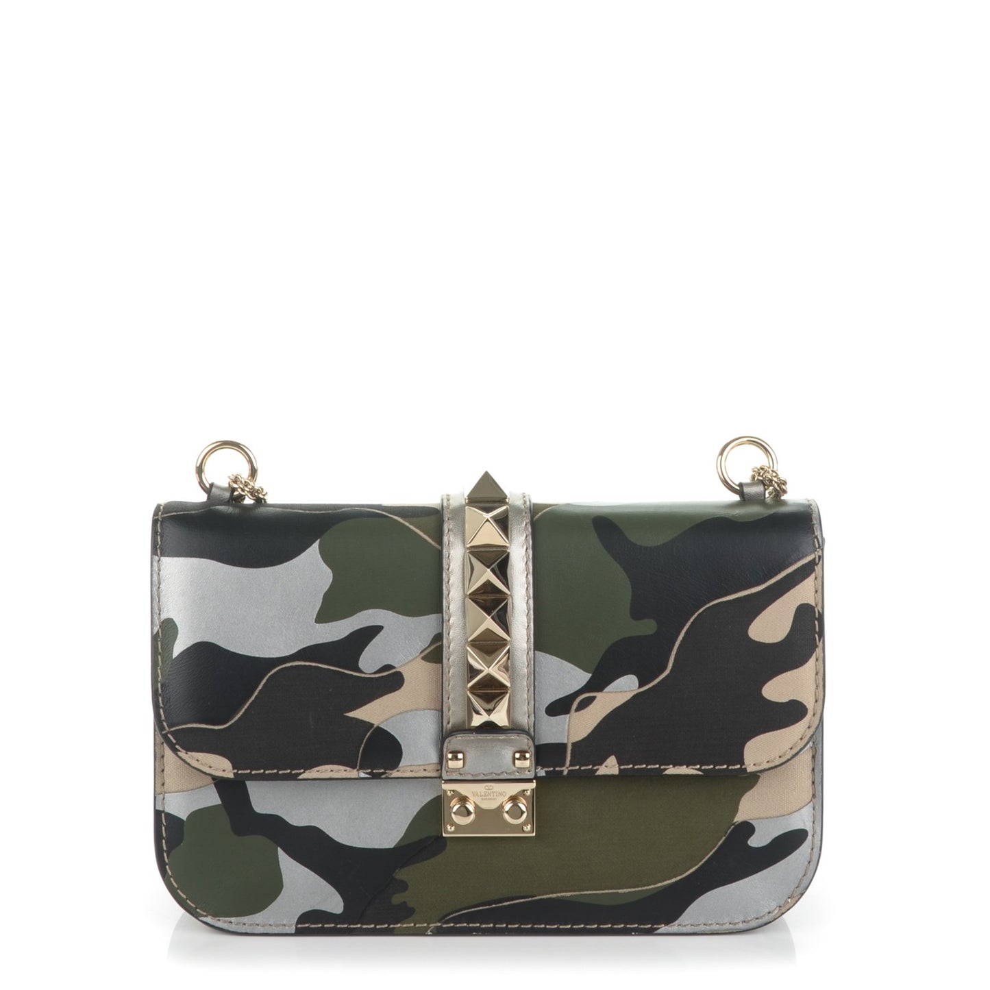 Nappa Canvas Camouflage Medium Glam Lock Rockstud Flap Green