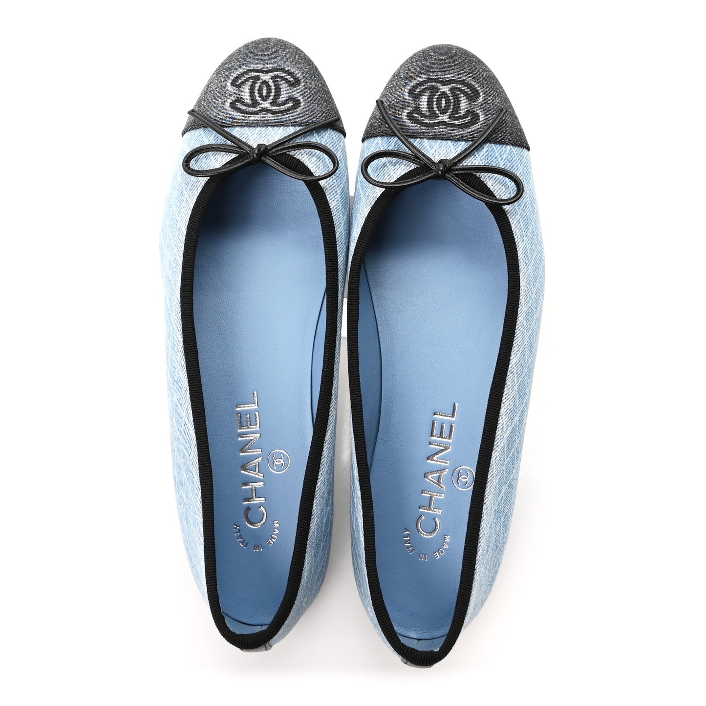 Denim Printed Quilt CC Cap Toe Ballerina Flats 37.5 Light Blue Dark Grey