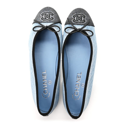 Chanel Denim Printed Quilt CC Cap Toe Ballerina Flats 37.5 Light Blue Dark Grey 2 of 10