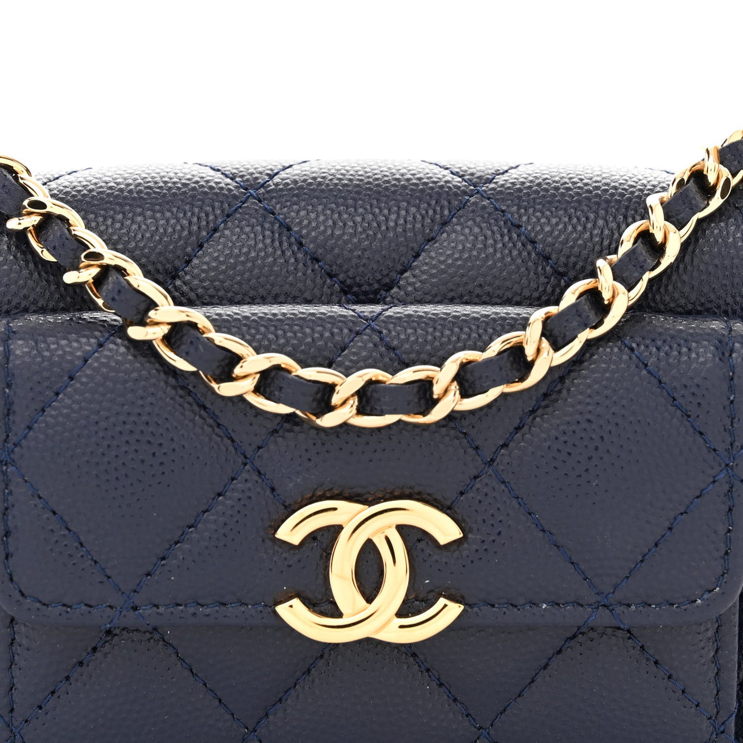 Caviar Quilted Pocket Twins Clutch With Chain Navy Blue