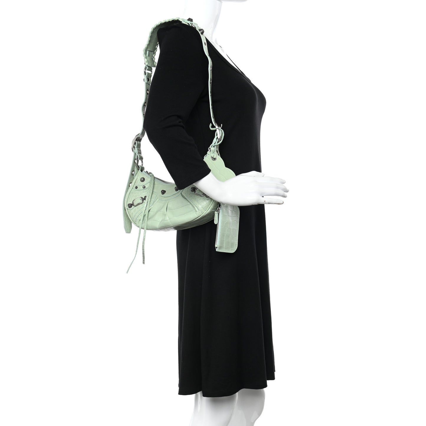 Extra Supple Calfskin Crocodile Embossed Le Cagole Shoulder Bag XS Light Green