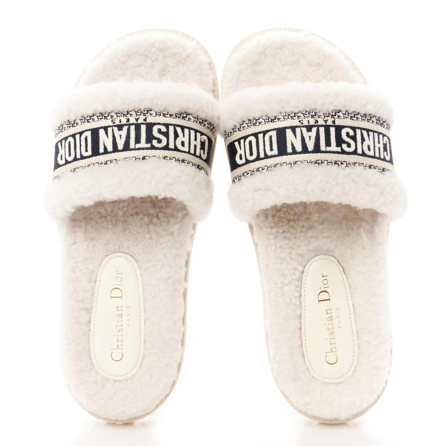 Shearling Canvas Embroidered Dway 10mm Slide Sandals 39.5 Natural Deep Blue