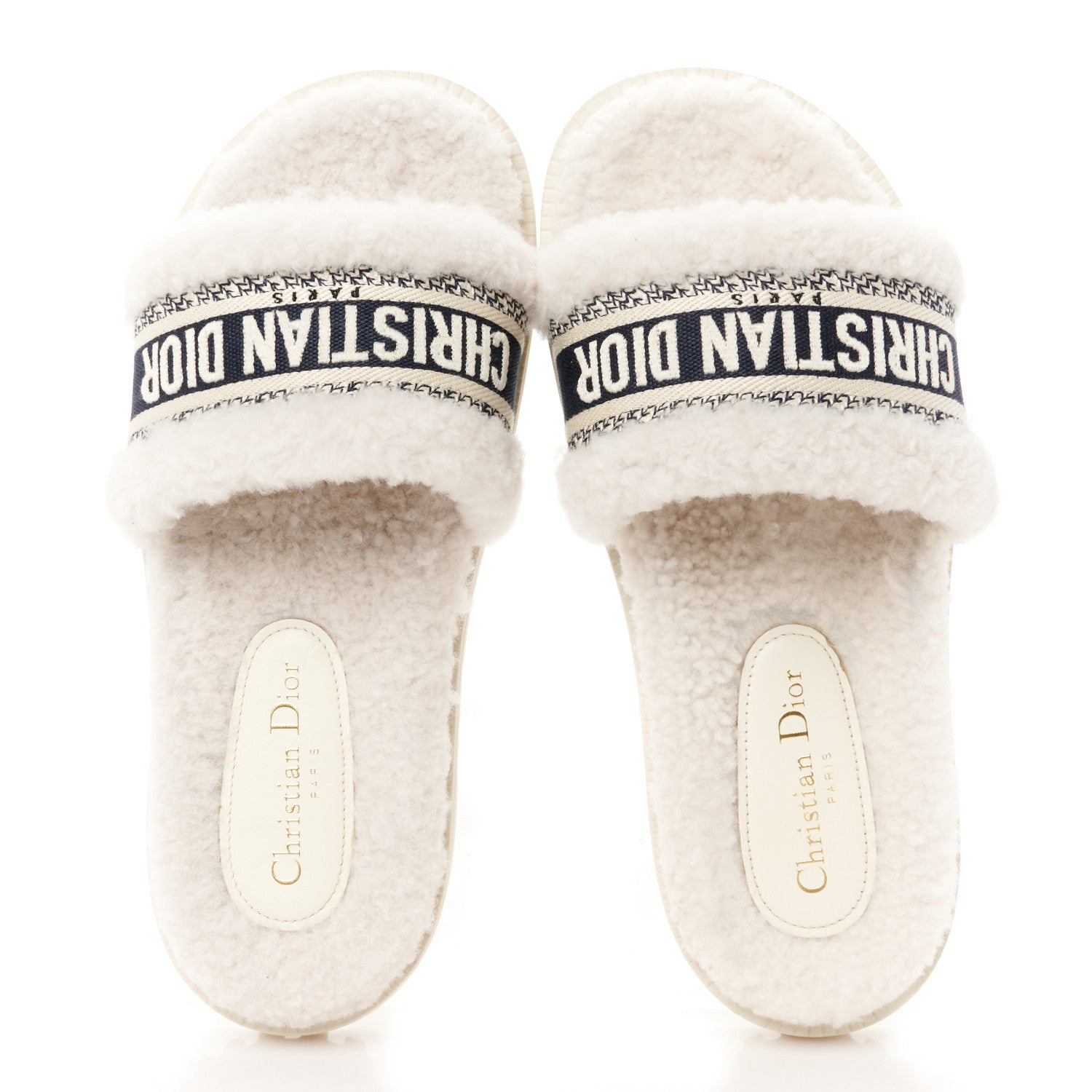 Christian Dior Shearling Canvas Embroidered Dway 10mm Slide Sandals 39.5 Natural Deep Blue 2 of 9