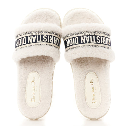 Christian Dior Shearling Canvas Embroidered Dway 10mm Slide Sandals 39.5 Natural Deep Blue 2 of 9