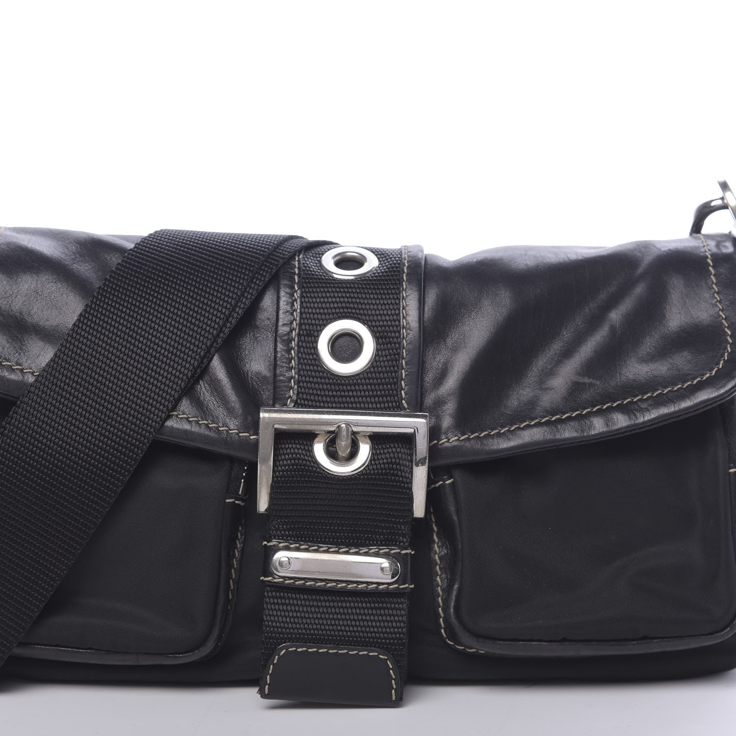 Prada Soft Calfskin Nylon Buckle Shoulder Bag Black 8 of 15
