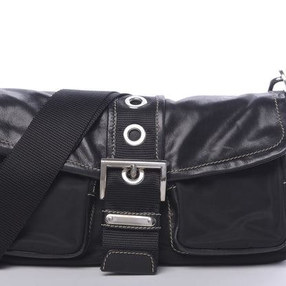 Prada Soft Calfskin Nylon Buckle Shoulder Bag Black 8 of 15