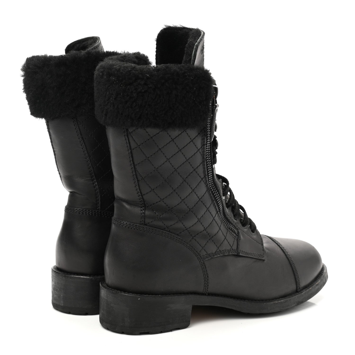 Chanel Calfskin Shearling Quilted Cap Toe Combat Boots 39.5 Black 4 of 9