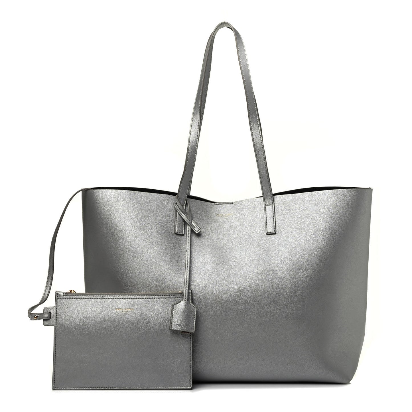Metallic Calfskin Large Shopping Tote Silver
