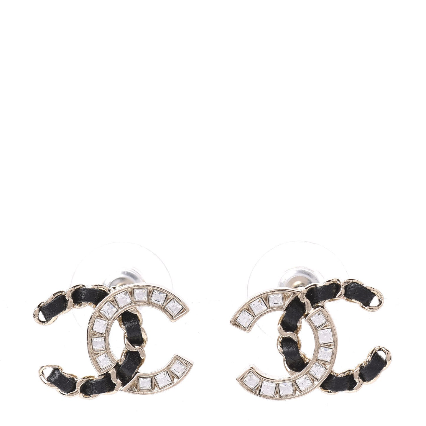Crystal Baguette Lambskin Chain CC Vintage Allure Stud Earrings Black Gold