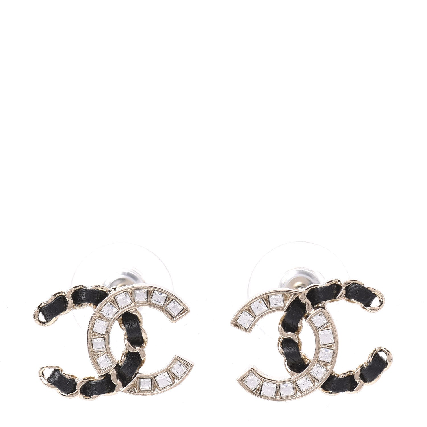 Chanel Crystal Baguette Lambskin Chain CC Vintage Allure Stud Earrings Black Gold 1 of 5