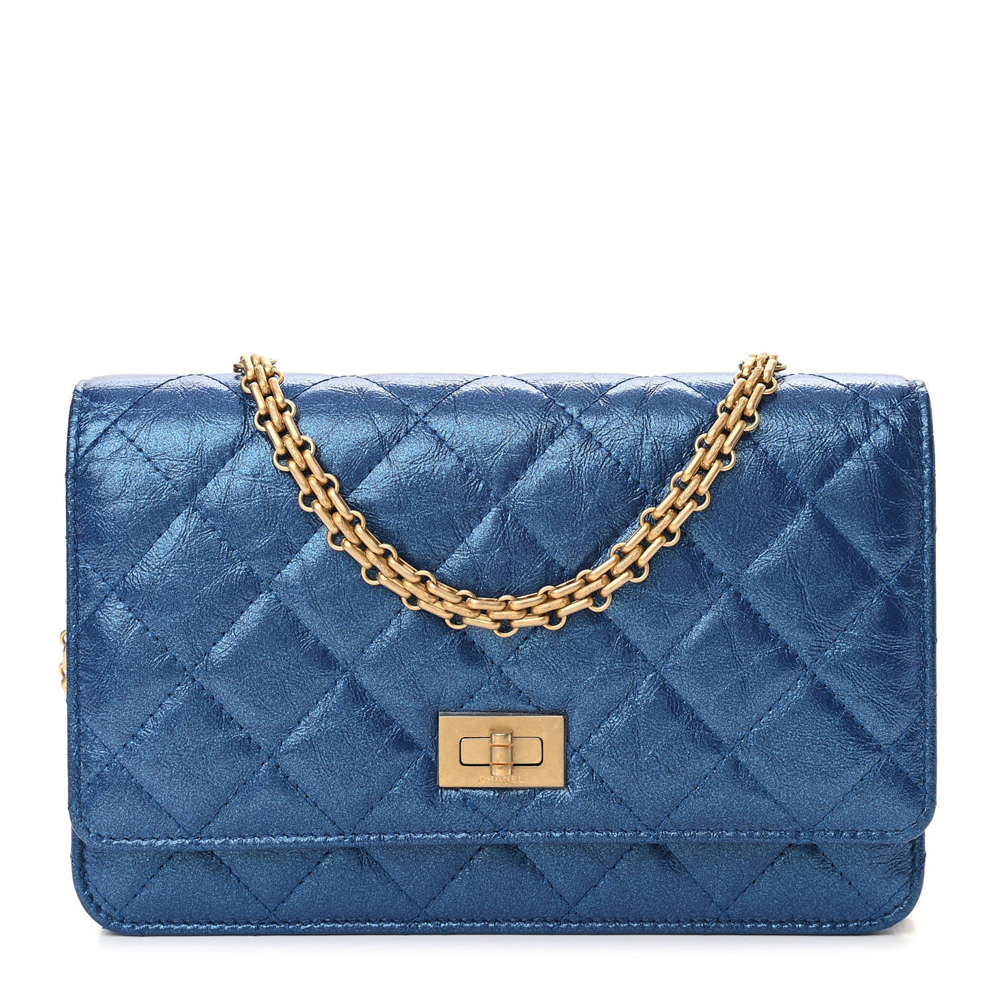 Metallic Aged Calfskin Quilted 2.55 Reissue Wallet on Chain WOC Blue